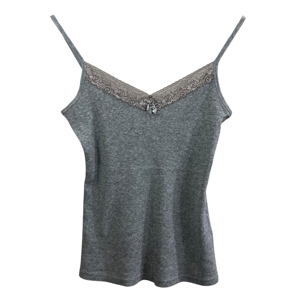 Express Cami Top Gray Lace Trim Ribbed V-Neck Bow Tank Medium Womens Y2K